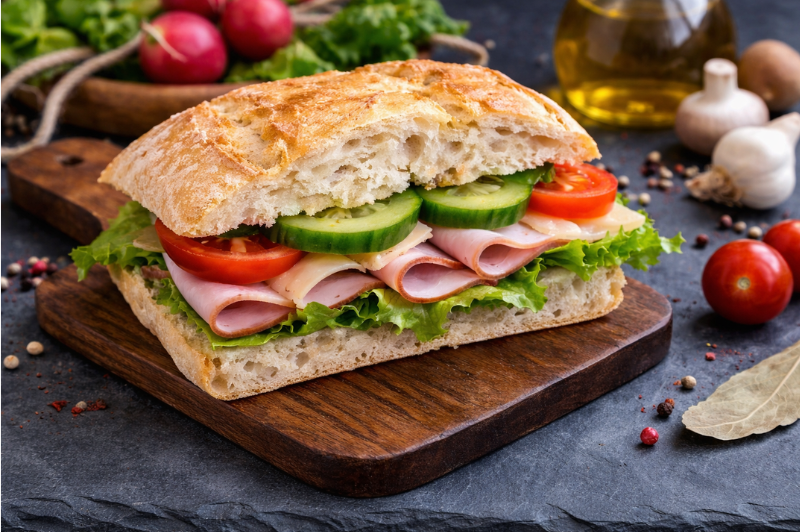 Rustikales Sandwich mit Schinken, Gurken und Tomaten